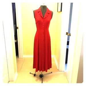 Midi white dots on red, buttoned down shirtdress